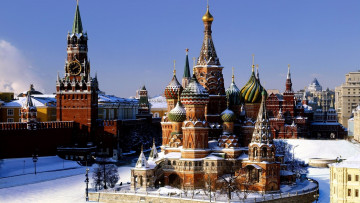 Картинка города москва+ россия кремль храм снег