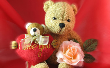 обоя праздничные, день, св, валентина, сердечки, любовь, плющевые, мишки, цветок, роза, сердце