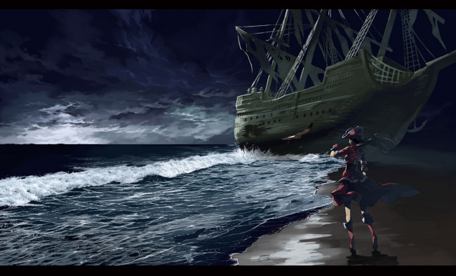 Обои картинки фото by, justminor, аниме, *unknown, другое, пиратка, девушка, корабль, море, птица, небо, волны, шляпа
