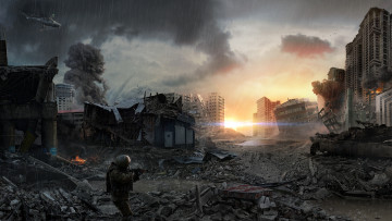 Картинка фэнтези иные+миры +иные+времена постапокалипсис город руины взрывы солдат танк дождь вертолет