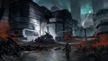 Картинка фэнтези иные+миры +иные+времена здания город будущее солдат техника разбитая
