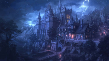 Картинка фэнтези замки замок ночь пристань молнии тучи
