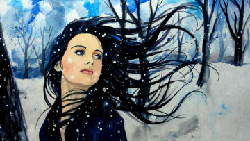 Картинка рисованные люди девушка волосы снег зима