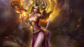 Картинка rongrong+wang фэнтези красавицы+и+чудовища девушка дракон огонь