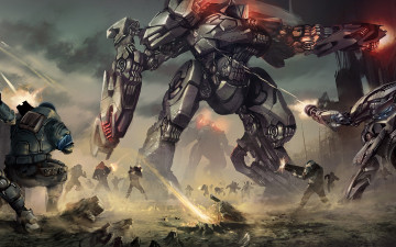 Картинка фэнтези роботы +киборги +механизмы будущее сражение битва солдаты