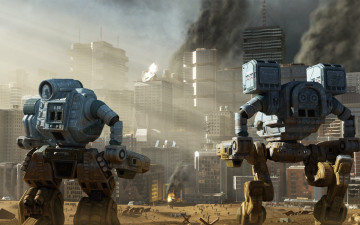 Картинка фэнтези роботы +киборги +механизмы иной будущее мир город пылающий