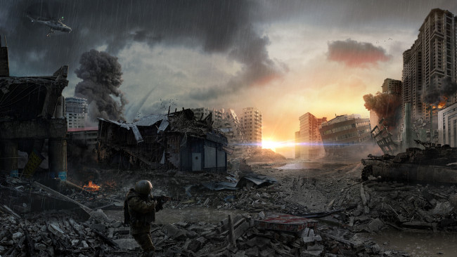 Обои картинки фото фэнтези, иные миры,  иные времена, постапокалипсис, город, руины, взрывы, солдат, танк, дождь, вертолет