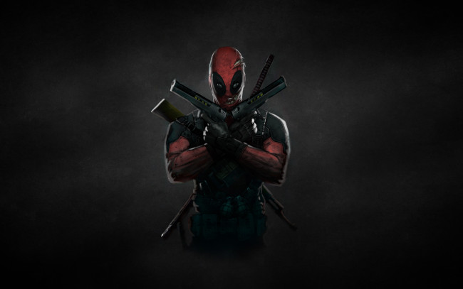 Обои картинки фото deadpool, рисованные, комиксы, дэдпул, пушки, красный, комикс, темный, фон, оружие