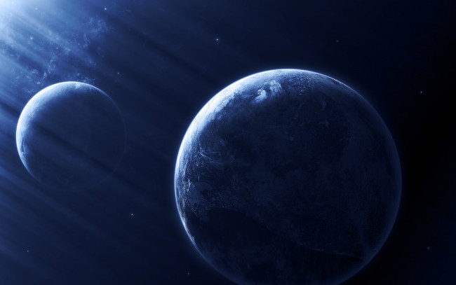 Обои картинки фото космос, арт, light, effect, blue, dark, sci, fi, planets