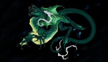 Картинка фэнтези существа зеленый дракон фантастика черный фон хвост пасть профиль