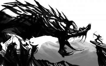 Картинка фэнтези драконы фантастика лук человек оружие чёрно-белое монохромное скалы пасть дракон арт