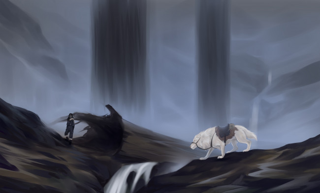 Обои картинки фото рисованное, животные, мальчик, собака, водопад