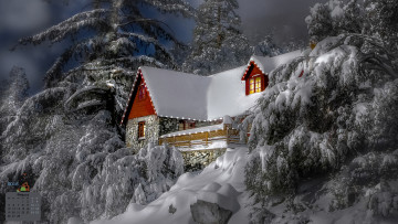 обоя календари, природа, снег, деревья, дом, 2018