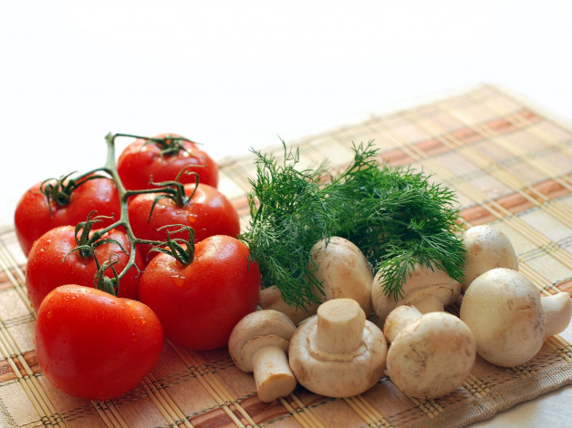 Обои картинки фото еда, разное, шампиньоны, укроп, грибы, томаты, помидоры
