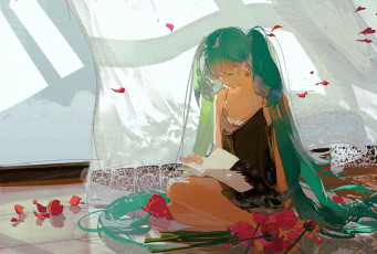 Картинка аниме vocaloid девушка книга цветы