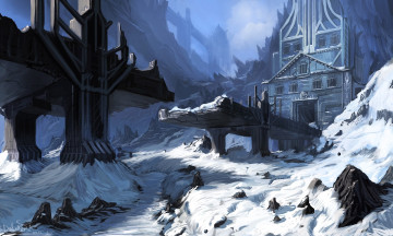 Картинка фэнтези иные+миры +иные+времена мост дыра снег горы здание