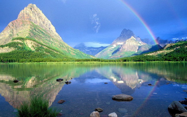 Обои картинки фото природа, реки, озера, горы, радуга, озеро, лес