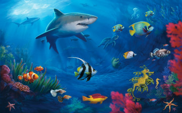 обоя рисованные, животные, рыбы, акула, море, вода