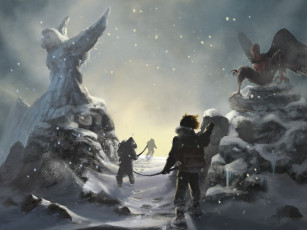 Картинка фэнтези люди существо зима горы