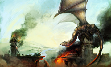 Картинка фэнтези драконы замок огонь оборона люди дракон