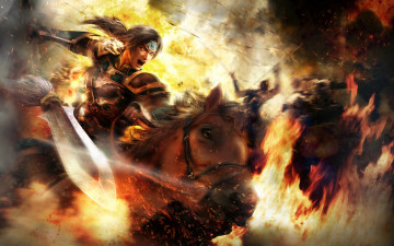 обоя dynasty warriors 8, видео игры, dynasty warriors, лошадь, огонь, сражение, всадник, воин