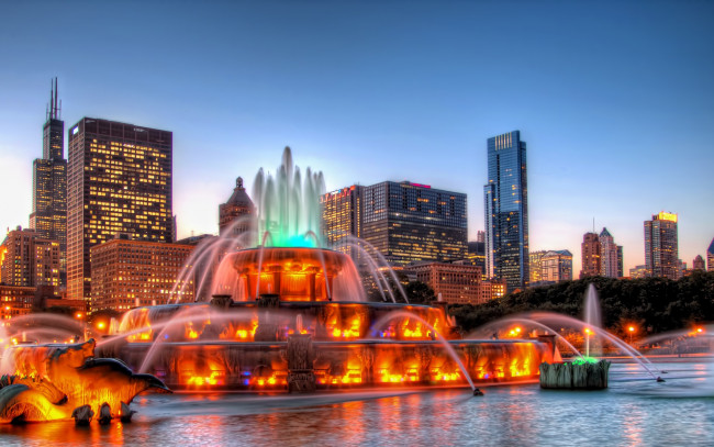 Обои картинки фото chicago, города, Чикаго , сша, панорамма, фонтан, огни, ночь, сhicago, usa