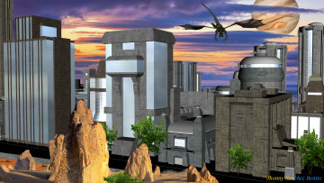 Картинка 3д+графика фантазия+ fantasy дома город полет дракон