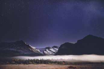 Картинка природа горы лес звезды небо туман ночь