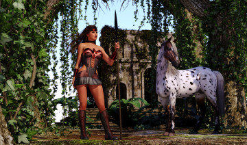 Картинка 3д+графика амазонки+ amazon взгляд фон девушка лошадь