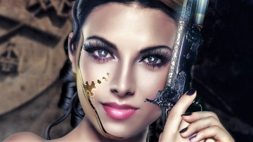 Картинка фэнтези роботы +киборги +механизмы лицо девушка пистолет