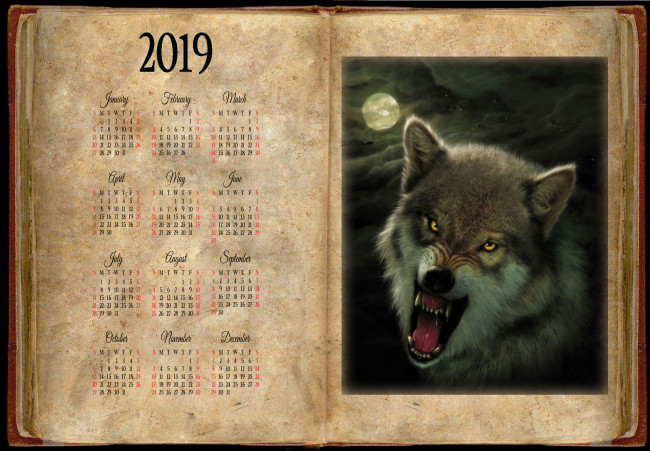 Обои картинки фото календари, фэнтези, волк, луна, оскал
