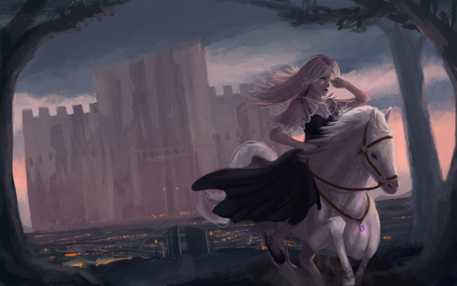 Обои картинки фото фэнтези, люди, замок, конь, девочка, фон