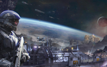 Картинка видео+игры halo+5 +guardians солдат станция космос планеты