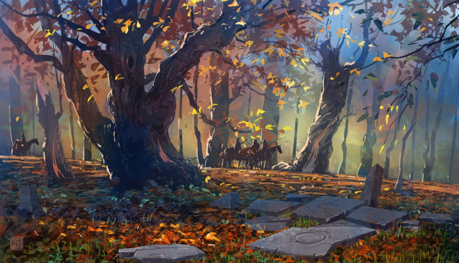 Обои картинки фото рисованное, люди, всадники, отряд, деревья, осень, плиты