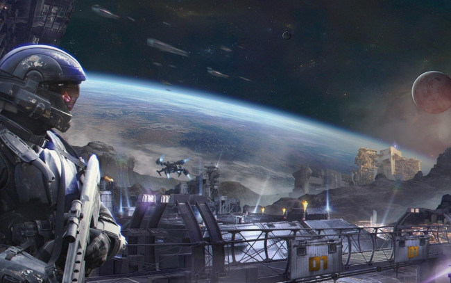 Обои картинки фото видео игры, halo 5,  guardians, солдат, станция, космос, планеты