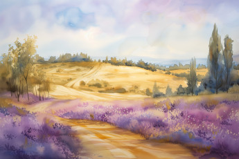 Картинка рисованное природа дорога поле лето облака деревья пейзаж цветы