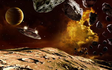 Картинка космос арт камни корабль астероиды планета