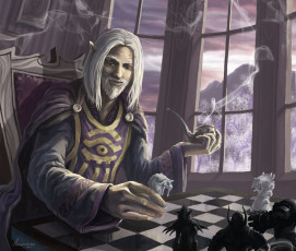 Картинка фэнтези эльфы мужчина комната игра шахматы трубка курит