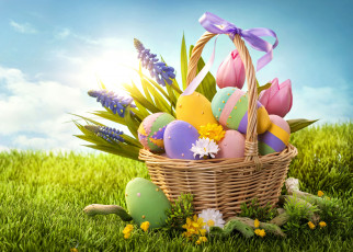 Картинка праздничные пасха яйца трава цветы корзина крашенки