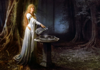 Картинка фэнтези lord of the rings зеркало лес галадриель эльфийка кувшин чаша