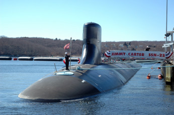 Картинка uss jimmy carter корабли подводные лодки причал порт сша флаг субмарина