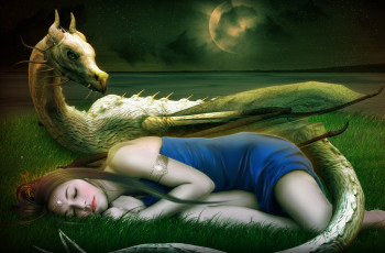 Картинка фэнтези красавицы чудовища дракон трава девушка