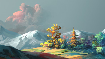 Картинка рисованные природа деревья горы пейзаж