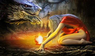 Картинка фэнтези красавицы чудовища девушка дракон чучело шар блондинка волосы