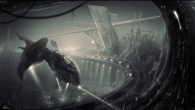 Обои картинки фото фэнтези, космические, корабли, звездолеты, станции, будущее, звездолёт, мост, город
