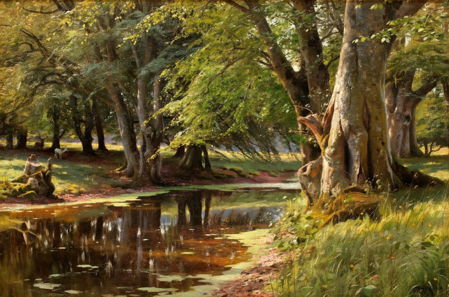 Обои картинки фото рисованные, peder, mork, monsted, деревья, лето, лес, берега, трава, олени, река, животные
