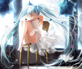 Картинка vocaloid аниме art tiahszld девушка hatsune miku взгляд улыбка сидит стул магия вокалоид