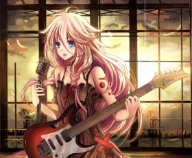 Картинка vocaloid аниме закат микрофон девушка ia вокалоид косички облака небо jianren гитара перья арт