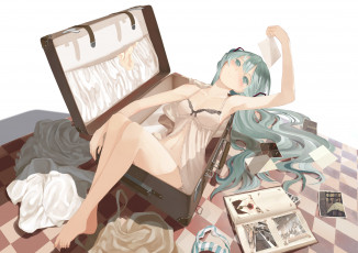 Картинка vocaloid аниме throtem девушка art вокалоид фотографии альбом вещи чемодан лежит поза hatsune miku