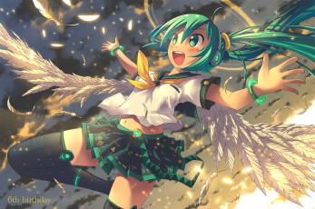 Картинка vocaloid аниме вокалоид akisorapx арт закат нимб облака небо радость перья крылья hatsune miku девушка